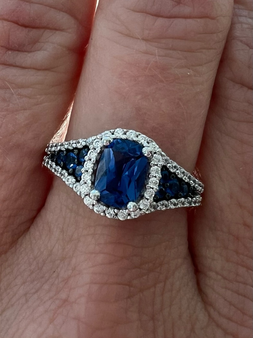 Sterling Silver Blue and White Stone Halo Contrast Ring